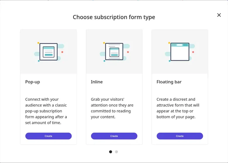 The first page of Moosend's "Choose subscription form type" dialog in a trial account, showing Pop-up, Inline and Floating bar, each with a Create button and no lock